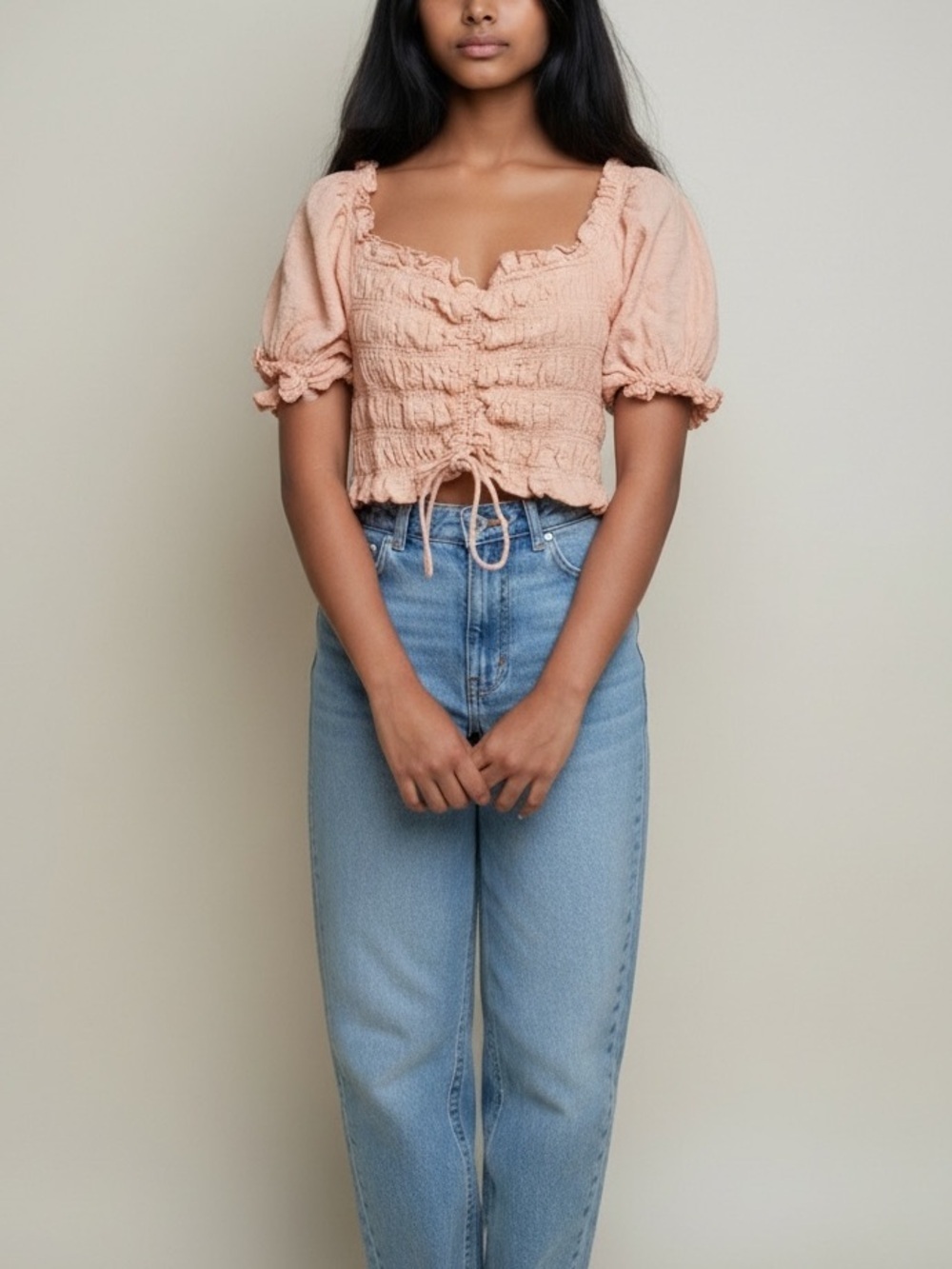 Cotton Candy LA Ruched Puff Sleeve Crop Top Blush Coquette Style Size L